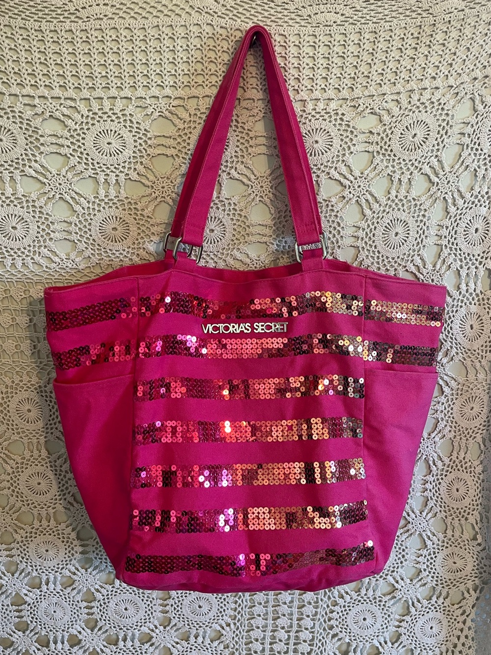 Victoria’s Secret hot pink striped sequin tote / beach bag large pockets Y2K